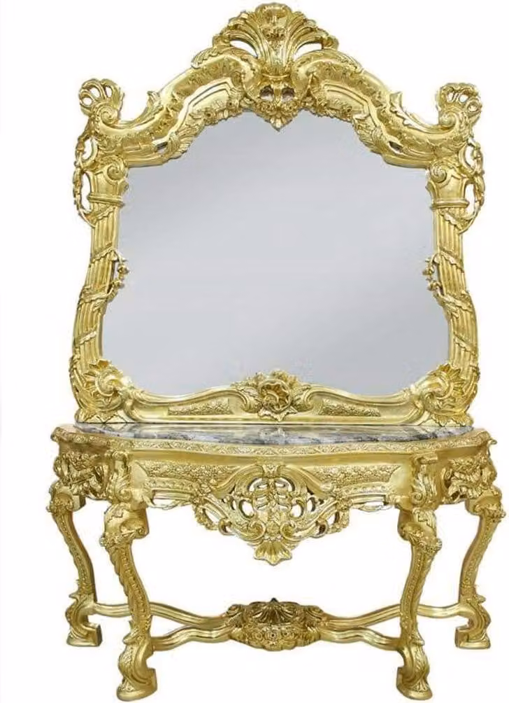 Console da parete in stile barocco "Casa Padrino", con specchio e piano in marmo, finitura oro e nero, dimensioni 120 x 220 cm