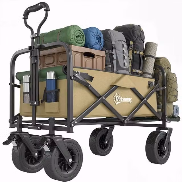 Carrello da trasporto pieghevole 110 L per giardino, telaio in acciaio, manico telescopico, fino a 100 kg, 94 x 57 x 77-100 cm, kaki