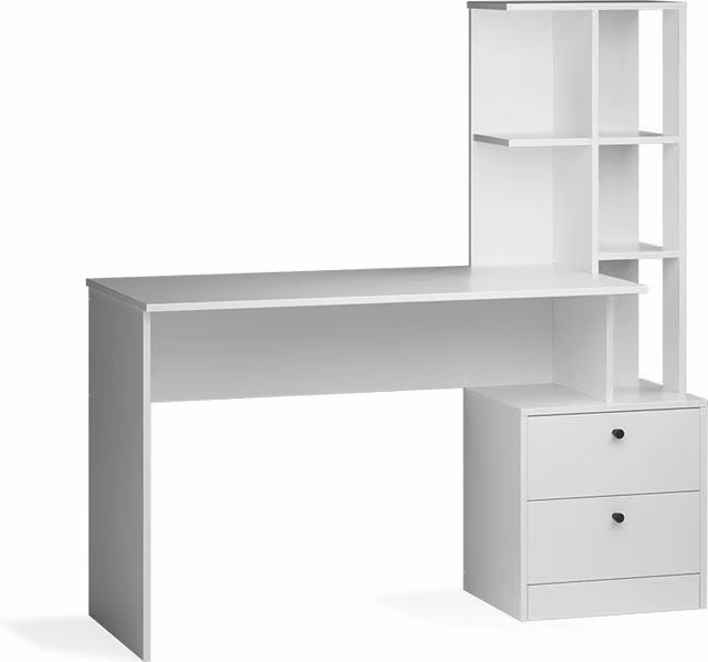 Scrivania da ufficio Vicco Denton bianca con cassettiera, design moderno in MDF laminato, L: 136 cm, P: 55 cm, H: 76 cm