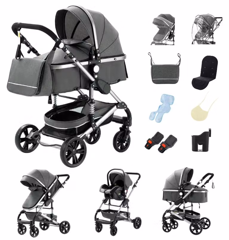 Passeggino per bambini, design 3-in-1, ampia visuale, colore grigio, modello H739