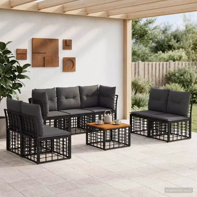 Set di divani da esterno 8 pz Nero e Grigio scuro Poliestere 3437435