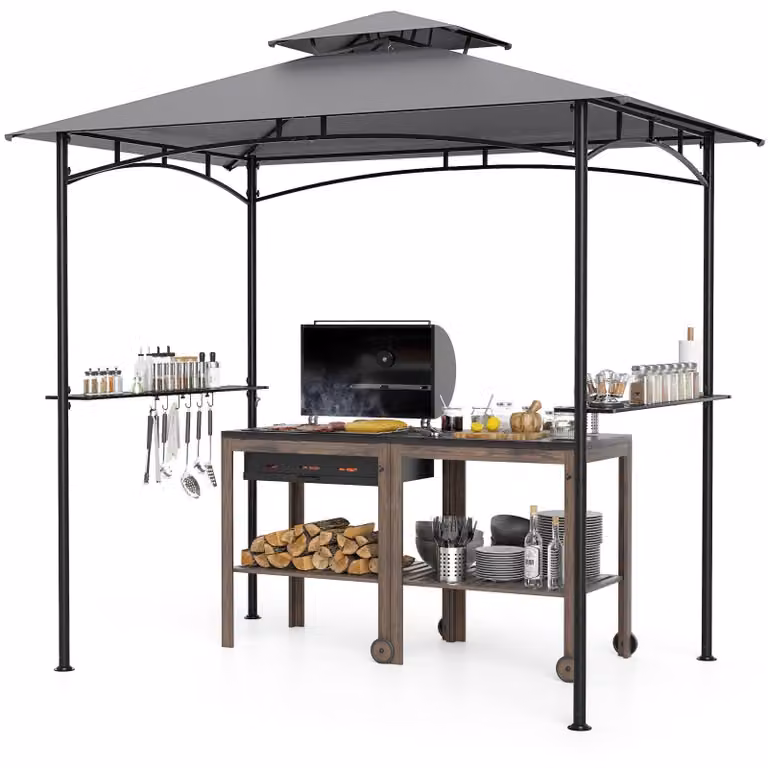 Padiglione per barbecue COSTWAY 242x150cm, padiglione da giardino con doppio tetto, 2 ripiani laterali e 6 ganci, padiglione per barbecue, tettoia per barbecue, riparo per barbecue
