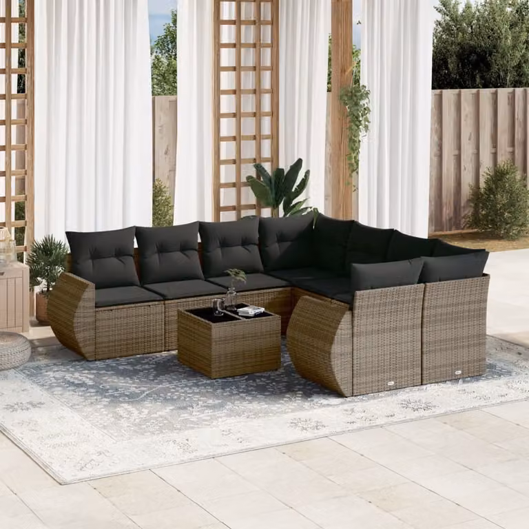 Set Divano da Giardino vidaXL 9 pz in Polyrattan Grigio con Cuscini e Tavolino da Caffè