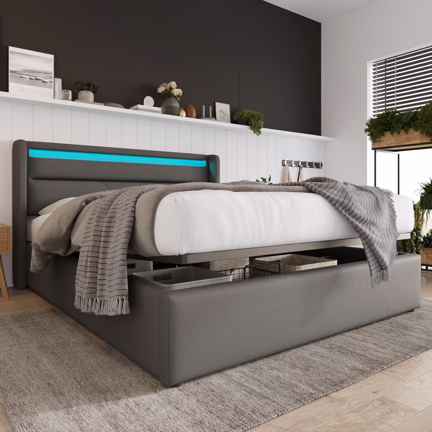 Letto imbottito Flieks 160x200cm con LED, letto matrimoniale a molle insacchettate con rete a doghe e contenitore, letto funzionale per giovani, PU, grigio scuro