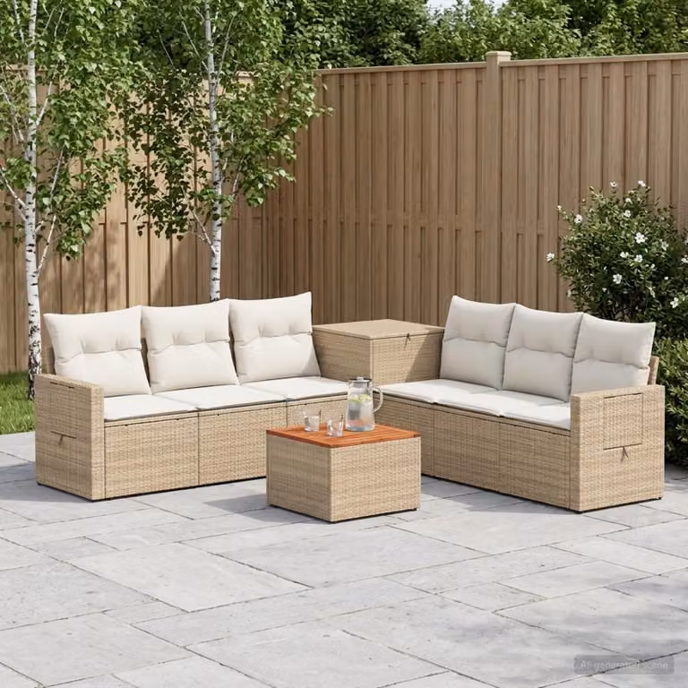 vidaXL Set di divani da giardino a forma di U in polyrattan con tavolo da caffè, 8 pezzi, Beige e Bianco Crema