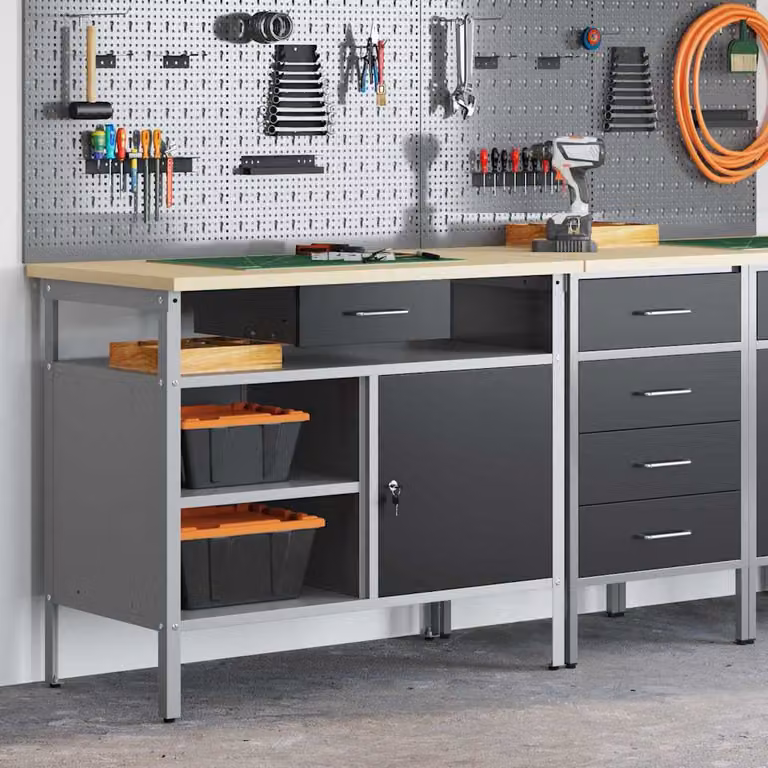vidaXL Banco da lavoro con cassetto in acciaio e legno, Nero e Grigio, L 100 x P 55 x H 85 cm