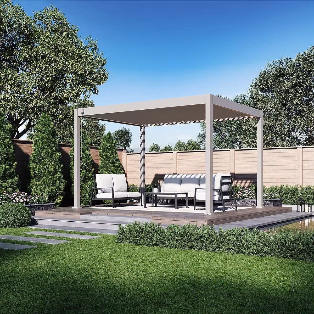 Pergola Weide Deluxe Plus interamente in alluminio 3x4 m con tetto a lamelle, autoportante, colore Ivory Sand