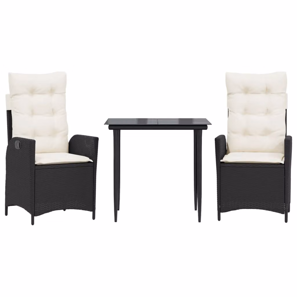 Set da Pranzo da Giardino 3 pz con Cuscini Nero in Polyrattan