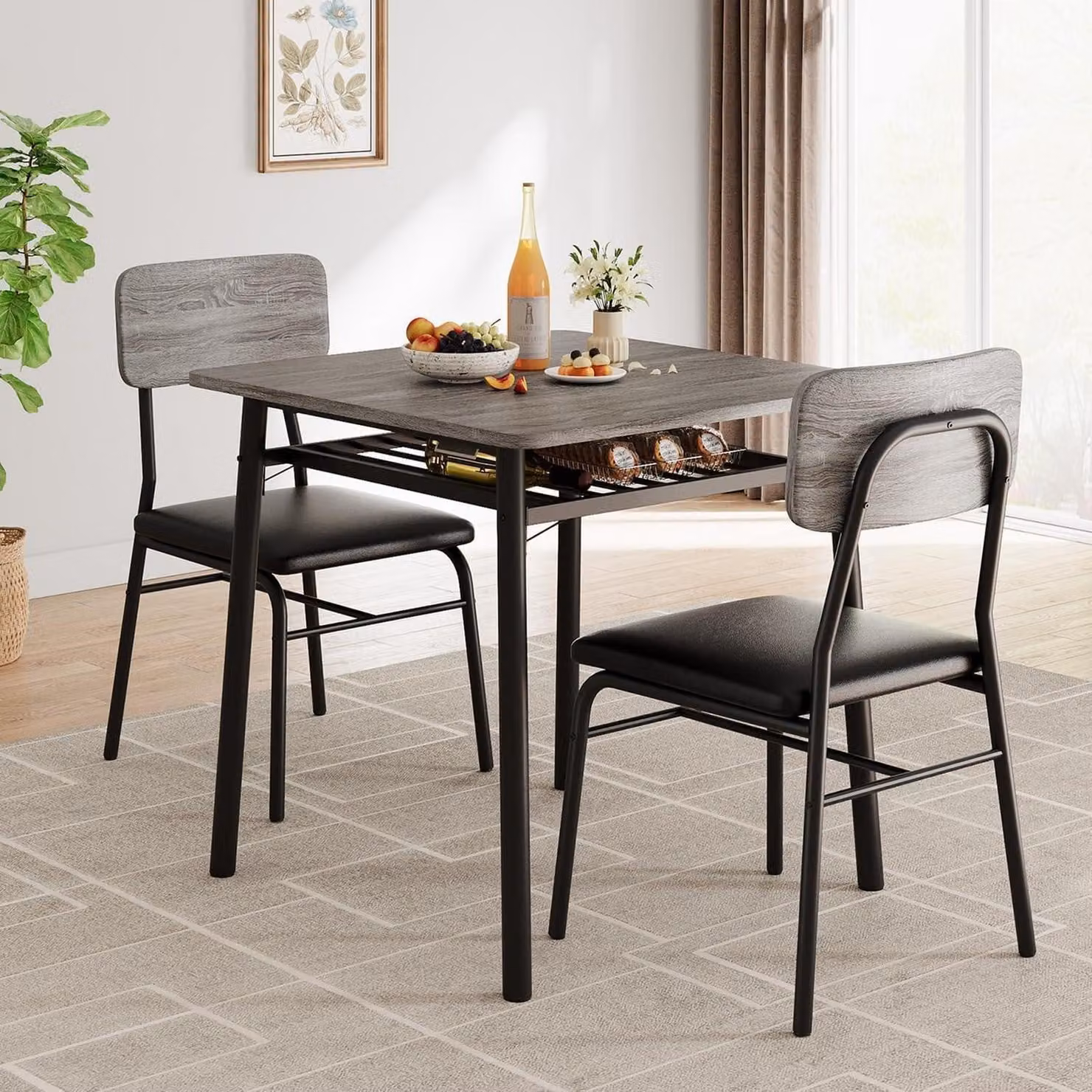 Set da pranzo composto da tavolo quadrato, due sedie e scaffale portaoggetti, colore grigio