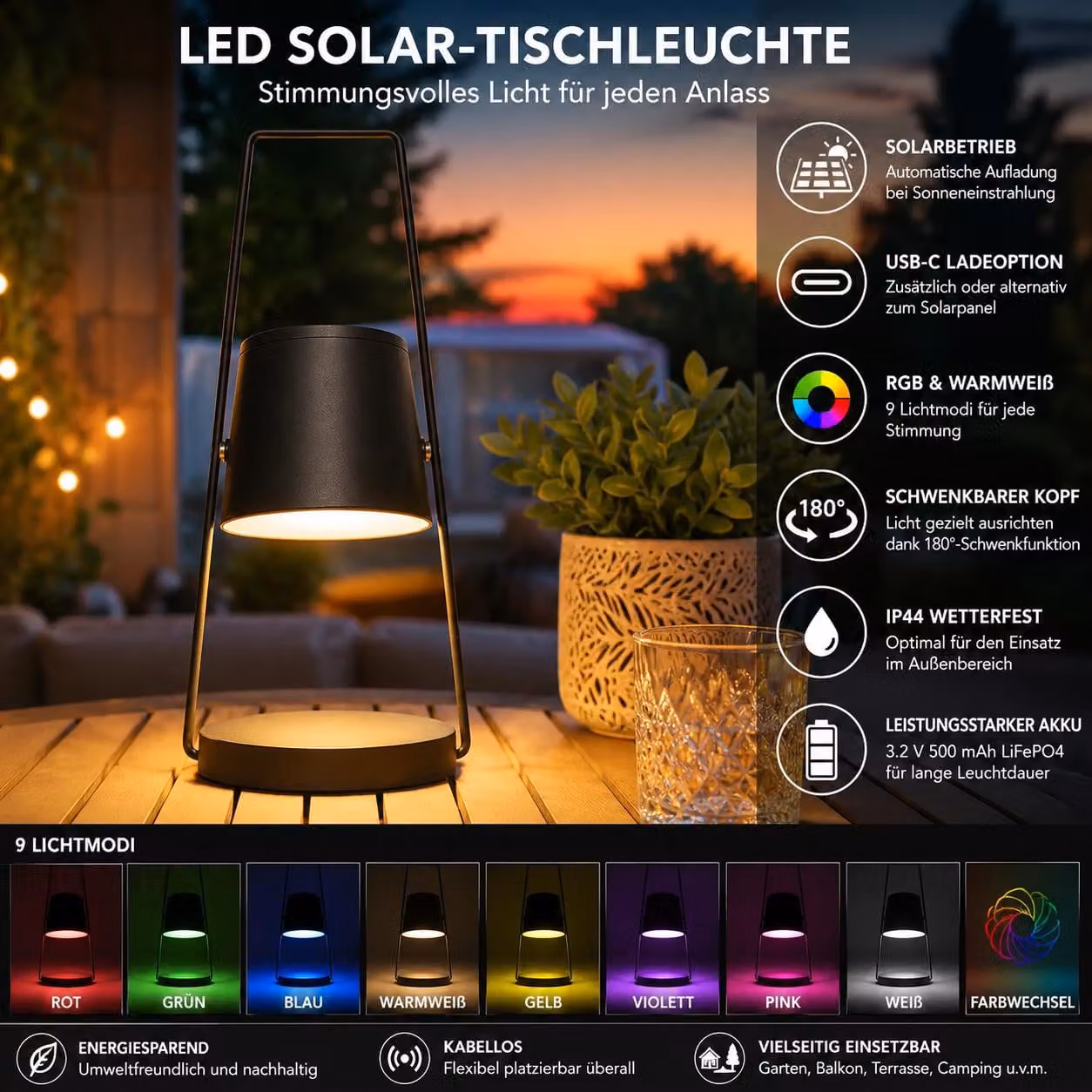 Lampada da tavolo solare a LED con porta USB-C | Lampada da esterno a batteria | Testa girevole a 180° | Luce bianco caldo | Resistente agli agenti atmosferici (IP44) | Ideale per giardino, balcone e terrazza