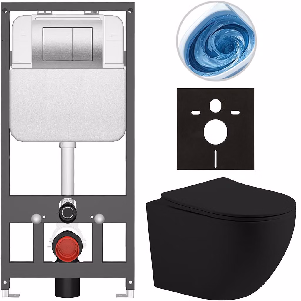 CERANO - Set WC da incasso Cesso - nero opaco - pulsante Prime/Maxio, argento - sospeso - installazione pre-parete/cartongesso - 49x36 cm