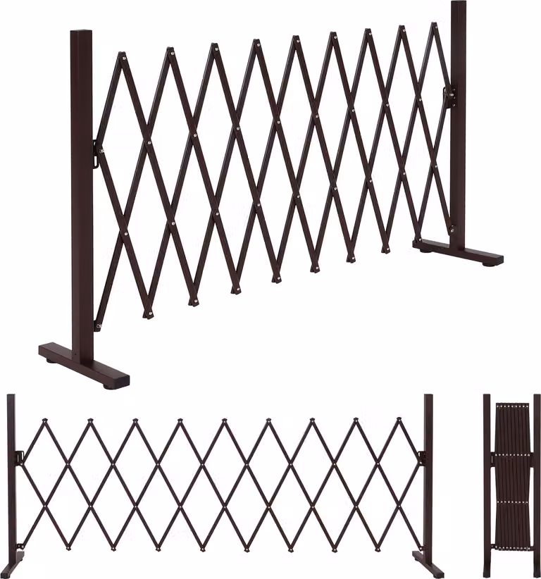 Griglia di sbarramento in alluminio HWC-K56, recinzione di sicurezza a griglia a forbice, estensibile girevole in acciaio 103x36-265x31cm, marrone