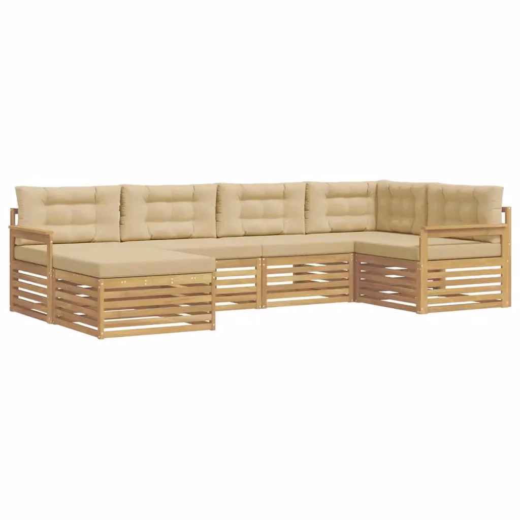 Set di divani da esterno a L vidaXL in legno di acacia con pouf e cuscini, Bianco e Beige – 2