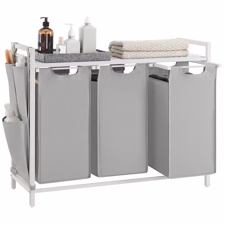 Cesto Portabiancheria con Piano Portaoggetti e Sacco Rimovibile, Grigio + Bianco / 3 x 40 L
