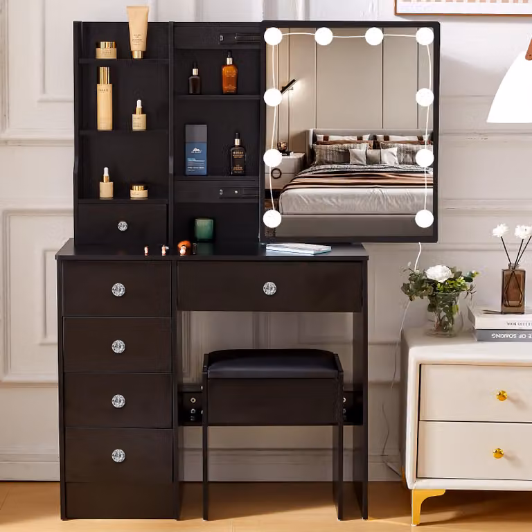 Scrivania moderna - Finitura opaca nera - MDF - Larghezza 80 cm - Con illuminazione LED - Include sgabello
