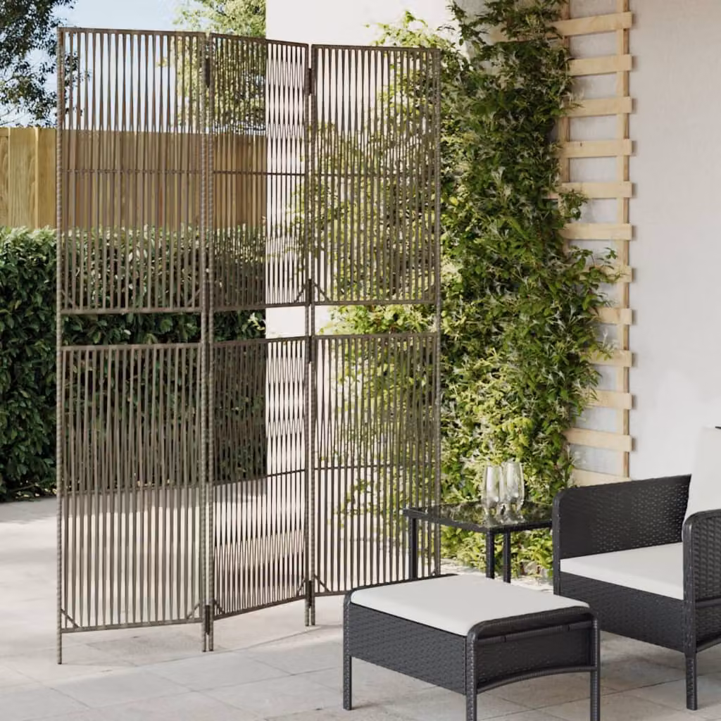 Divisorio per ambienti vidaXL a 3 pannelli in polyrattan e metallo grigio H: 180 cm x L: 147 cm x P: 3 cm