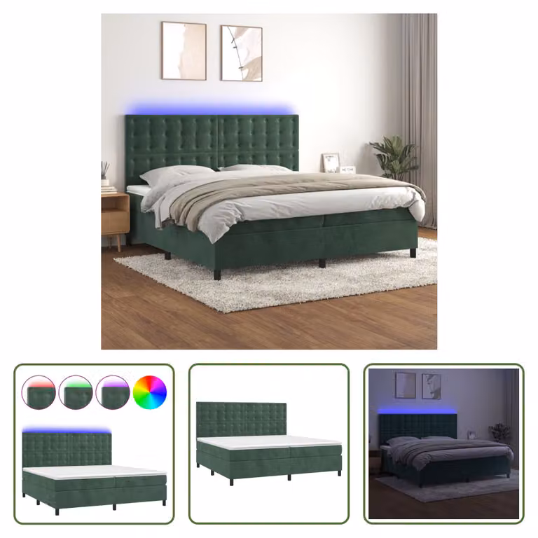 The Living Store Letto a molle con materasso e LED Verde scuro 200x200 cm in velluto