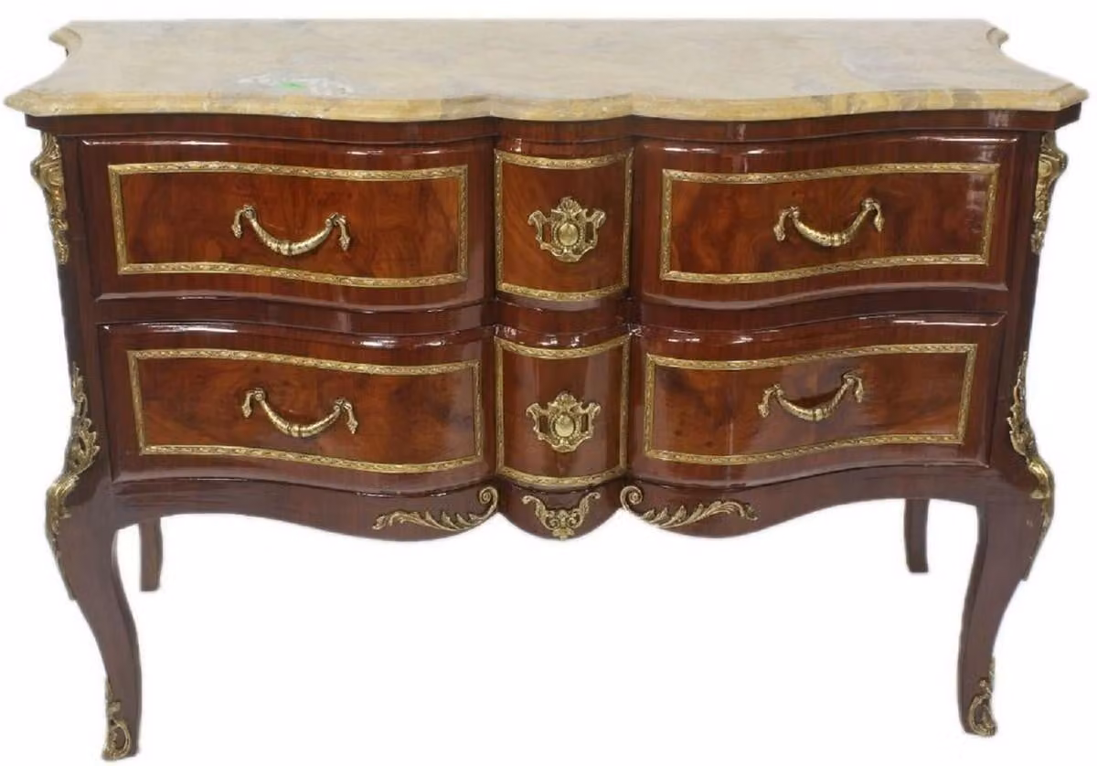 Casa Padrino Cassettiera barocca marrone / oro / crema 120 x 50 x h. 80 cm - Elegante cassettiera in legno massiccio con cassetti e piano in marmo - Mobili in stile barocco