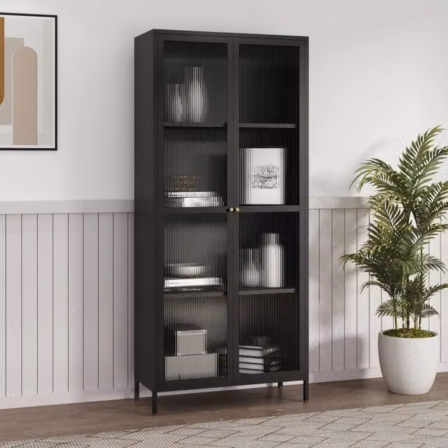 Armadio a vetrina Säkylä en.casa in acciaio e vetro nero con 4 scomparti H: 180 cm, L: 80 cm, P: 35 cm