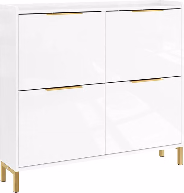 SoBuy FSR206-GW Scarpiera Salvaspazio Slim per Ingresso, Mobile Bianco con 4 Ante a Ribalta e Maniglie Dorate, Design Nordico Lucido, L 100 cm x P 19 cm x H 90 cm