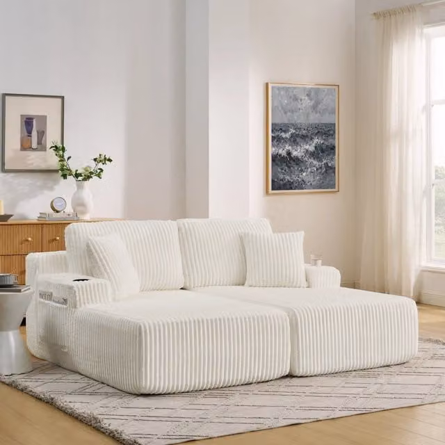 Divano convertibile a 2 posti in tessuto a coste con tasca laterale, portabicchieri e cuscini, beige