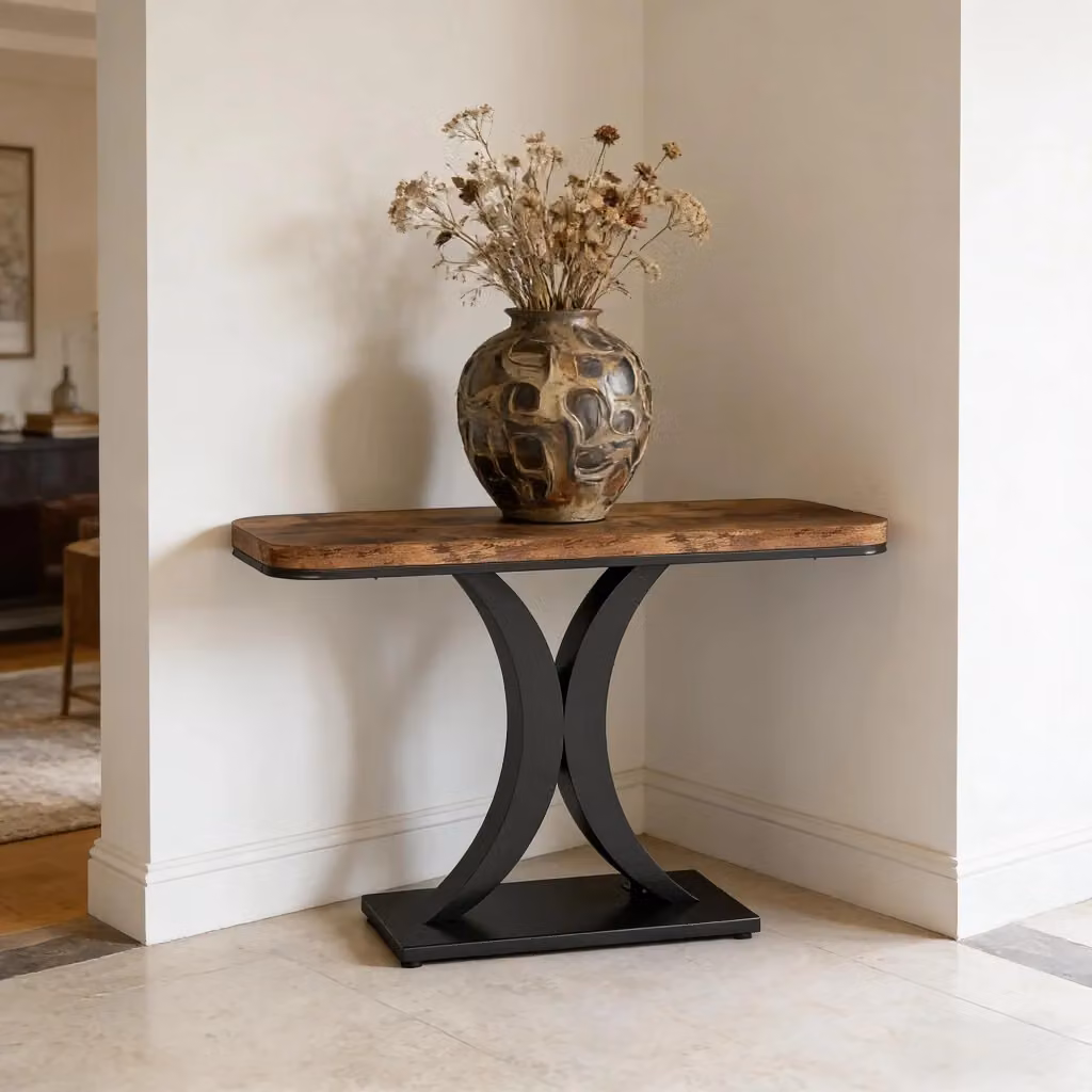 Consolle OKWISH in stile industriale con piano effetto legno marrone e base in metallo nero per ingresso e soggiorno, L: 100 cm, P: 29,5 cm – 2