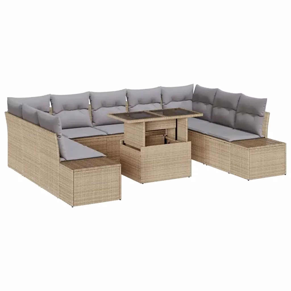 Set Divano da Giardino vidaXL in Polyrattan 10 Pezzi con Cuscini Beige e Grigio con Tavolino in Vetro e Struttura in Metallo – 2