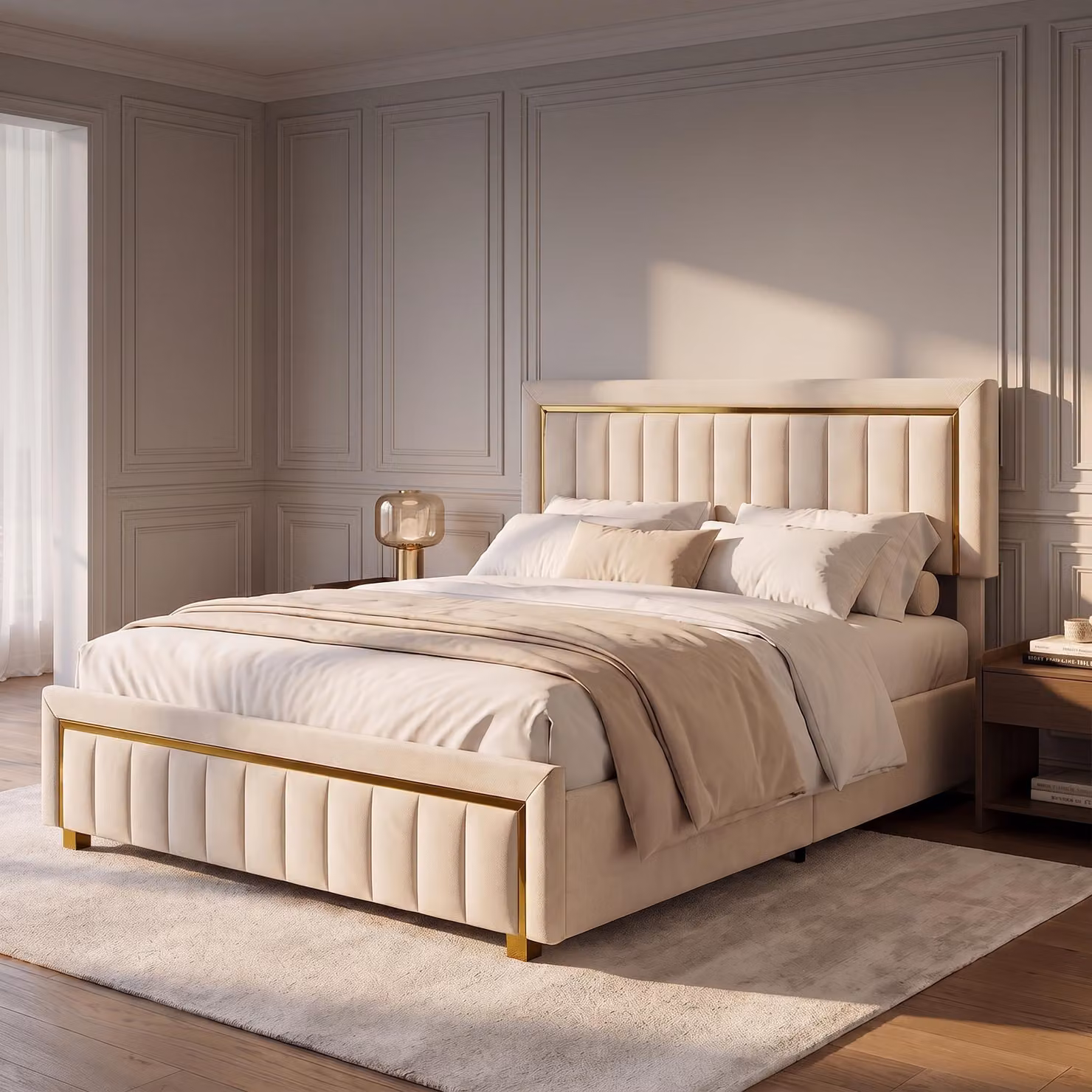 Letto imbottito con boxspring, dimensioni 180x200 cm, con spazio contenitore. Letto matrimoniale con contenitore, struttura letto idraulica con rete a listelli, rivestito in velluto, colore beige
