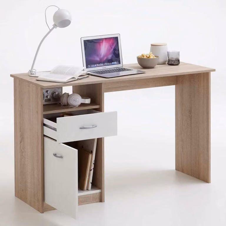 Scrivania FMD con 1 cassetto 123×50×76,5 cm in rovere marrone e bianco