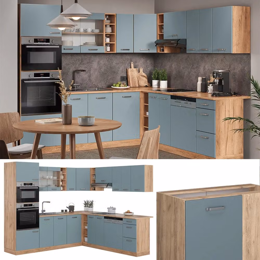 Cucina angolare moderna Vicco R-Line in legno e metallo, Grigio-blu e Rovere dorato con ante in vetro e illuminazione integrata, L: 247 cm, P: 237 cm – 2