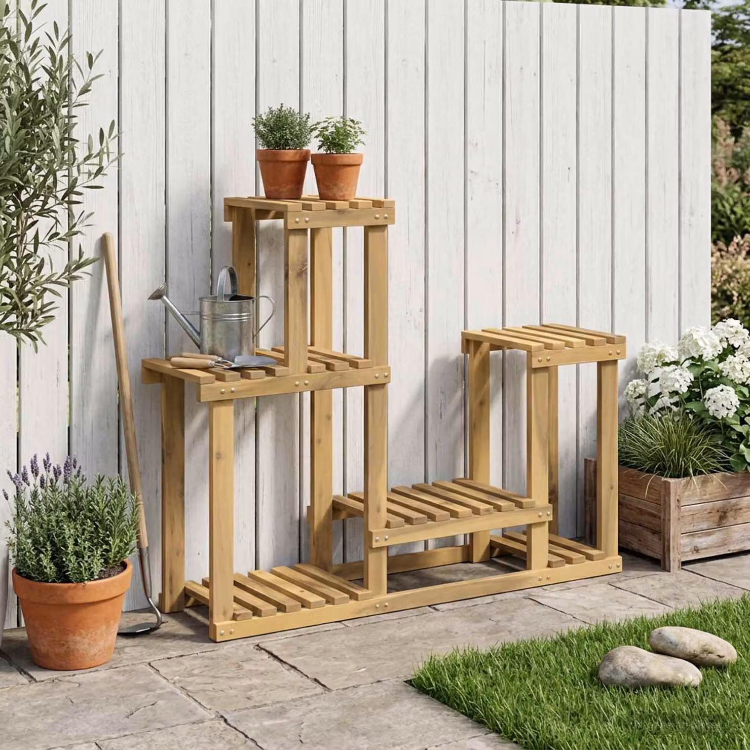 Supporto per piante moderno vidaXL in legno di acacia bianco e marrone L 90 cm x P 25 cm x H 73 cm