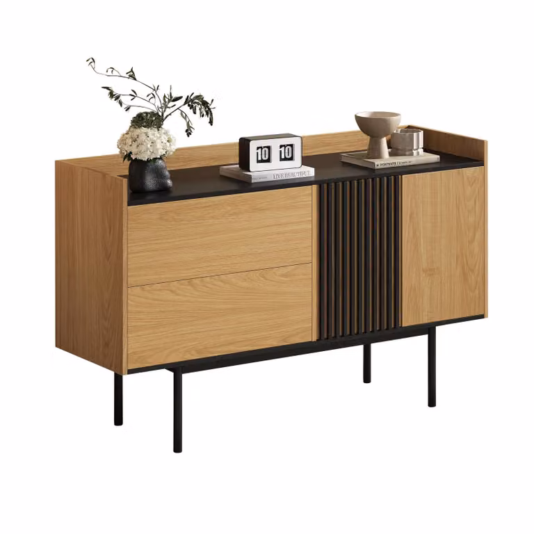 AIORBER Moderna credenza cassettiera soggiorno sala da pranzo con 2 cassetti, ripiano regolabile, molto spazio di archiviazione, minimalista, legno naturale + nero