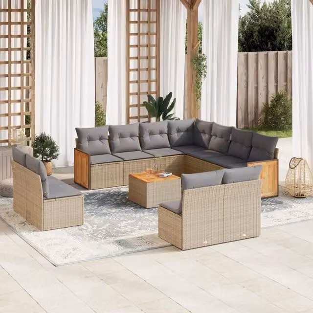 Set di divani da giardino VIDAXL in polyrattan con cuscini beige, 12 pezzi