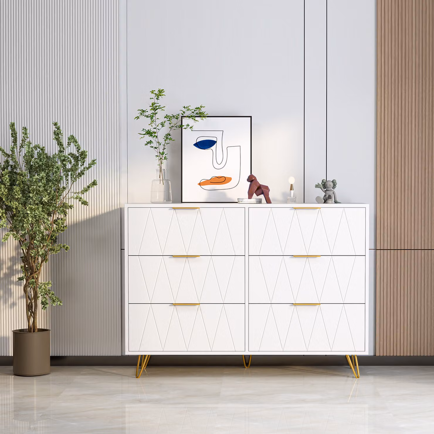 Cassettiera bianca con 6 cassetti, versatile credenza con maniglie dorate e gambe in metallo, mobile contenitore per camera da letto, soggiorno, corridoio