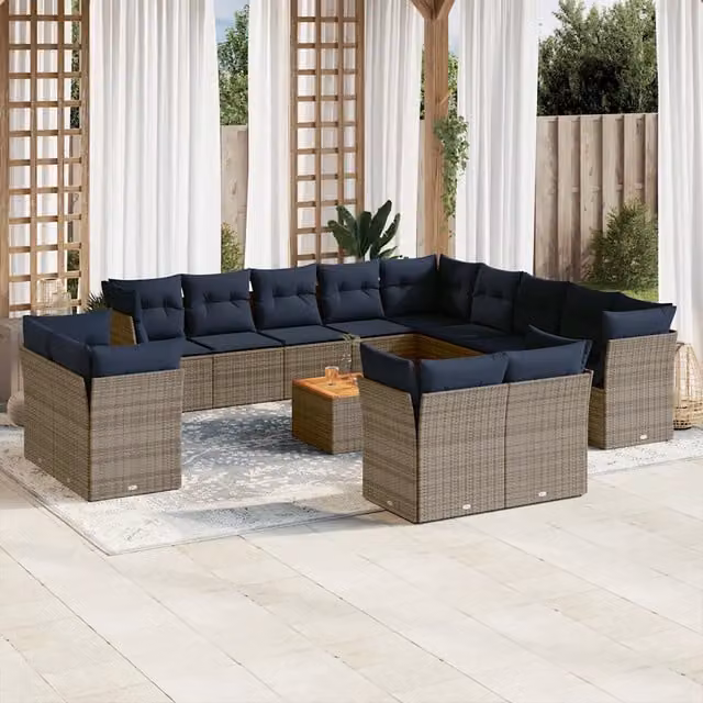 Set di Divani da Giardino a Forma di U vidaXL in Polyrattan Grigio e Blu con Cuscini e Tavolino da Caffè – 1