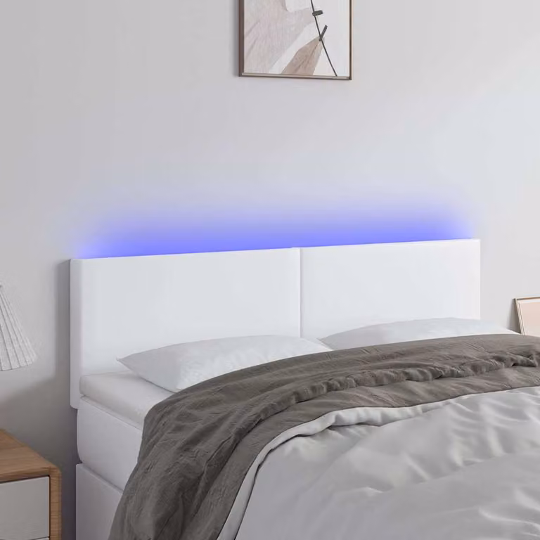 Testiera per letto vidaXL in similpelle bianca con illuminazione LED e porta di ricarica USB, L: 144 cm, P: 5 cm, H: 78-88 cm