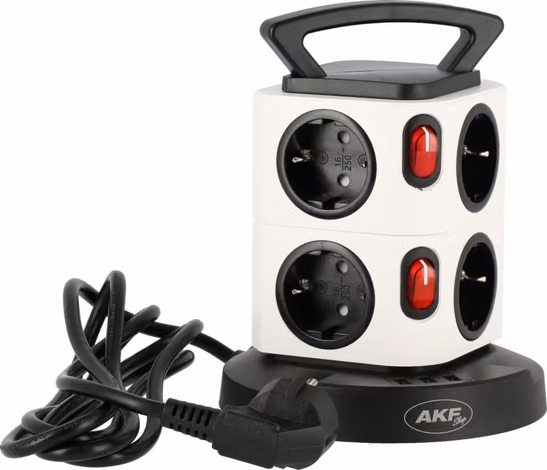 Torretta a 8 vie, con interruttori a levetta singola e maniglia per il trasporto, 3x USB, spina
