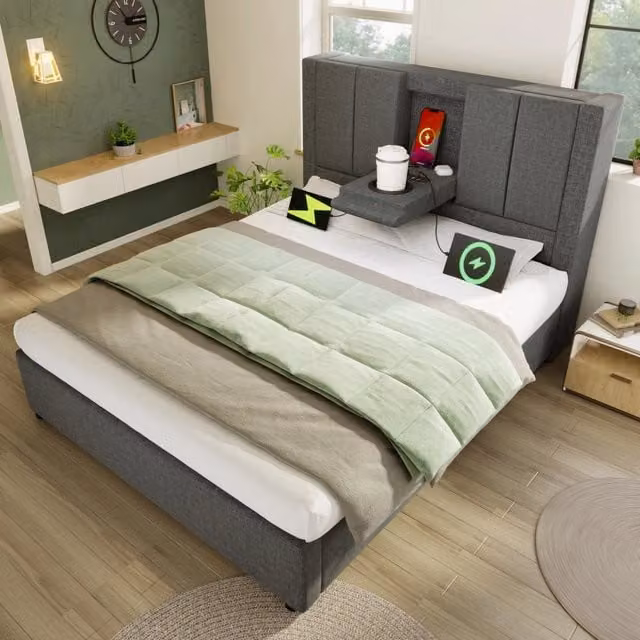 Letto singolo imbottito 90x200 cm con contenitore idraulico; rete a doghe e ricarica USB; lino grigio