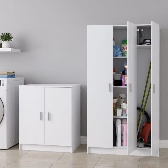 Set Mobili Ripostiglio Fenis DMORA per Lavanderia e Bagno, Bianco Opaco, con Specchio e Ripiani Interni – 1