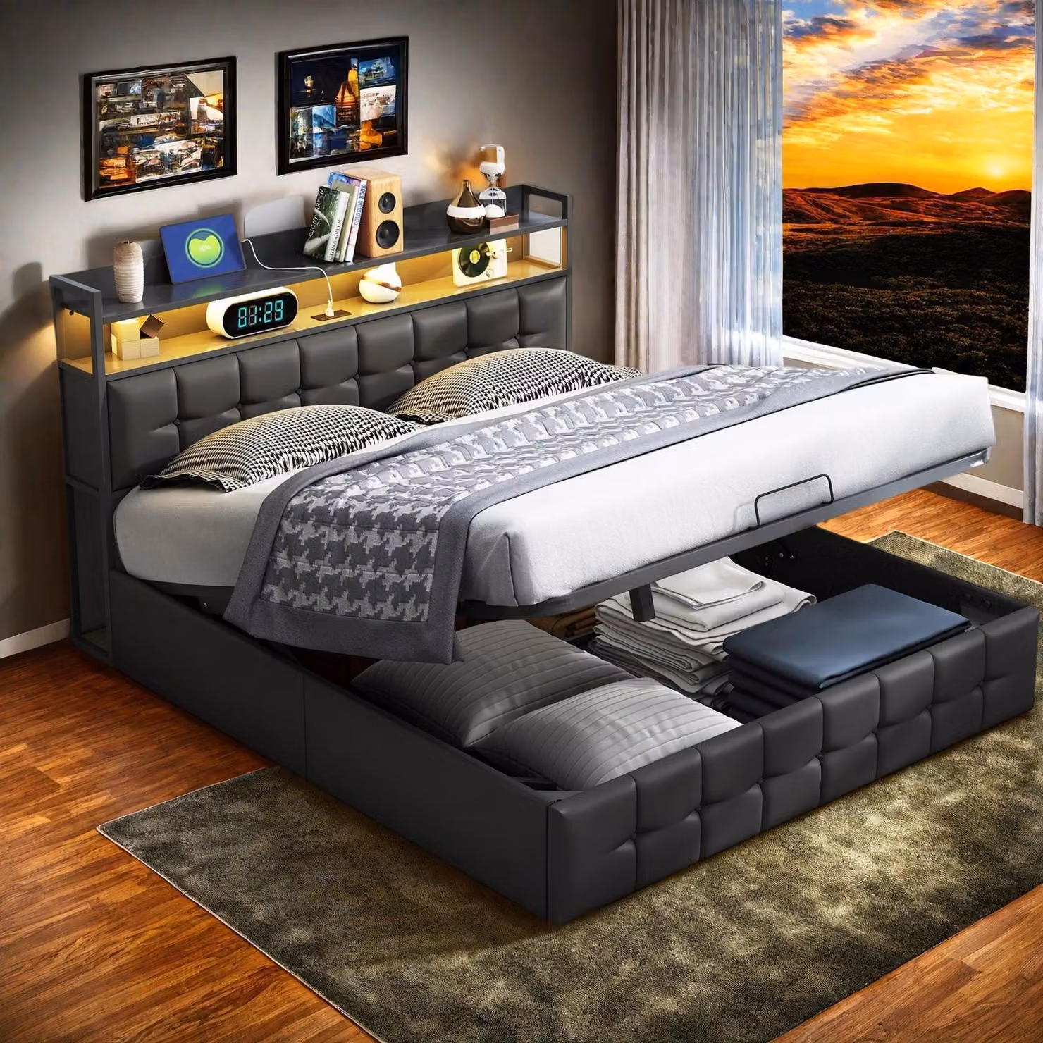 Letto imbottito INONEFT, modello boxspring, 160x200 cm, con illuminazione LED e funzione di ricarica USB, struttura per letto matrimoniale con rete a doghe e spazio contenitore, letto per ragazzi, in PU, colore nero