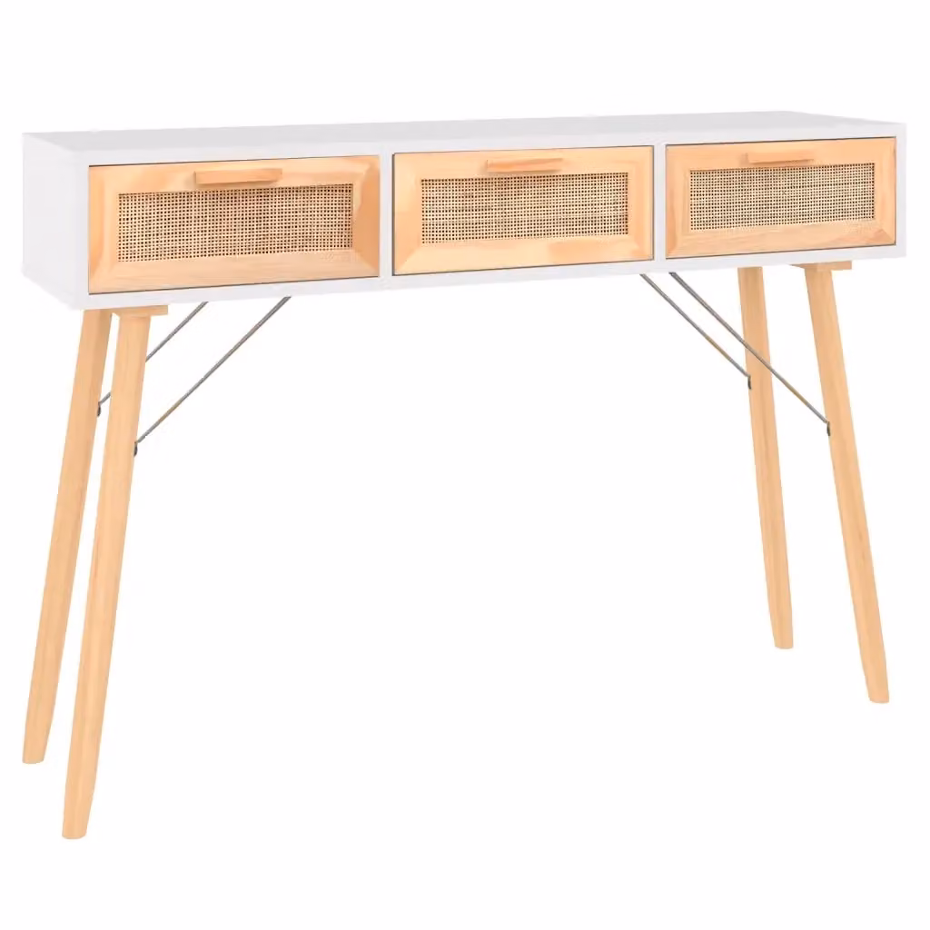 Tavolo Consolle vidaXL in Legno di Pino Massello e Rattan Naturale, Bianco, L 105 x P 30 x H 75 cm – 2