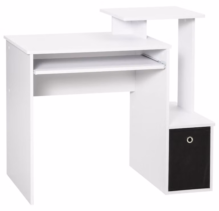 Scrivania Moderna con Mensola per Tastiera e Cassetto in Tessuto 100x40x86,6 cm Bianco e Nero