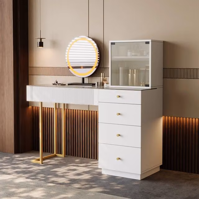 Set toeletta moderno WISHDOR Hollywood LED con specchio, 5 cassetti, armadietto con anta in vetro e piano in vetro temperato, bianco e oro, L/P/H: 120 x 40 x 120 cm