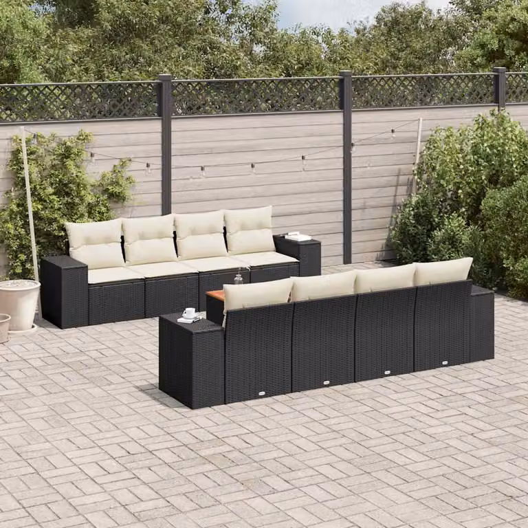 vidaXL Set Divani da Giardino 9 pz in Polyrattan Nero con Cuscini e Tavolino da Esterno