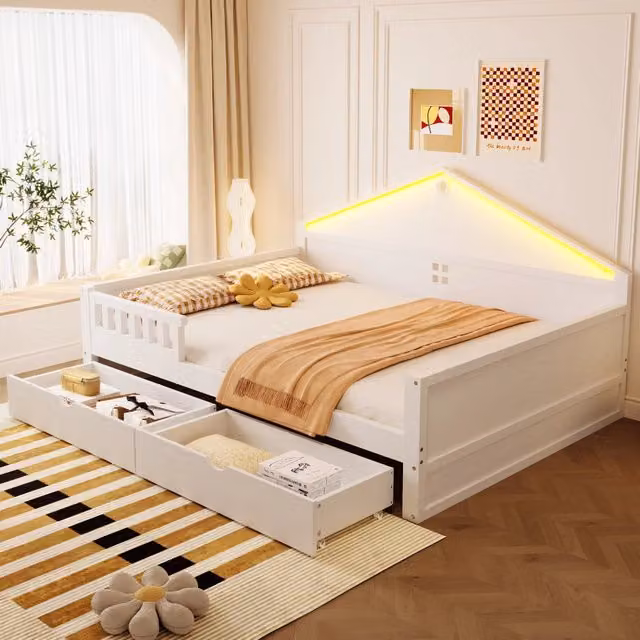 Letto singolo con LED e cassetti, 140x200 cm, bianco