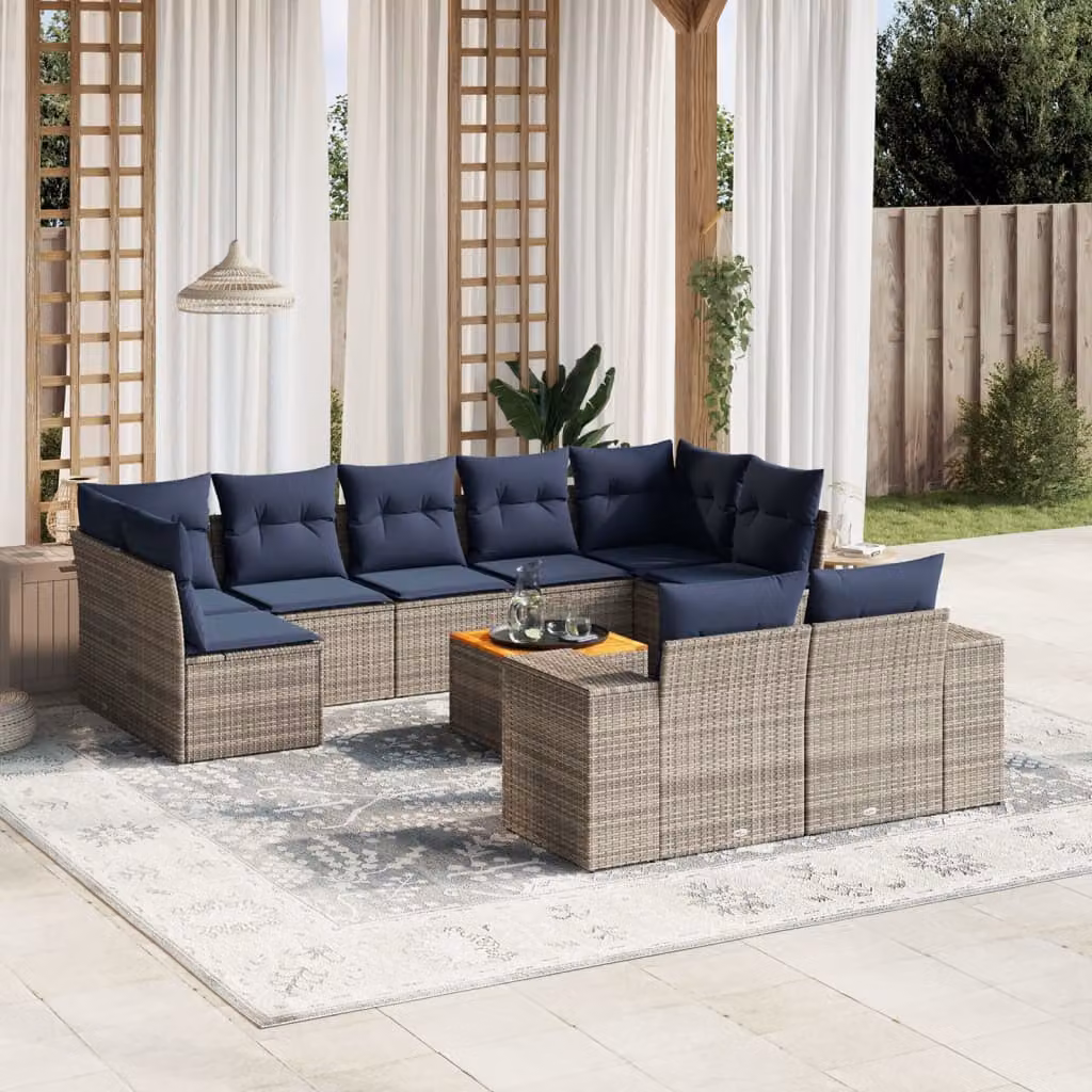 Set di divani da giardino vidaXL in polyrattan grigio con cuscini e tavolino da esterno a forma di L