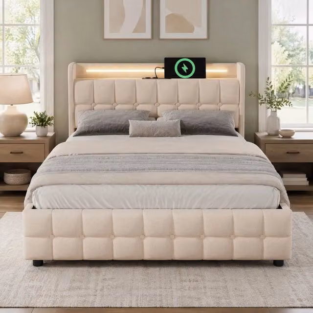Letto matrimoniale con LED; prese e USB; 4 cassetti; 180x200 cm; beige; senza materasso