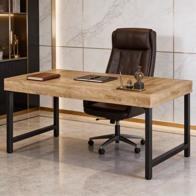 Scrivania dritta per computer in MDF con struttura in metallo nero marrone piano da 140 cm