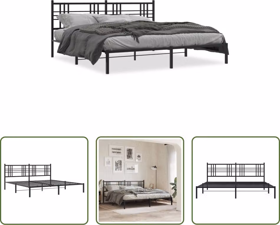 The Living Store Struttura letto con testiera in metallo nero 193x203 cm