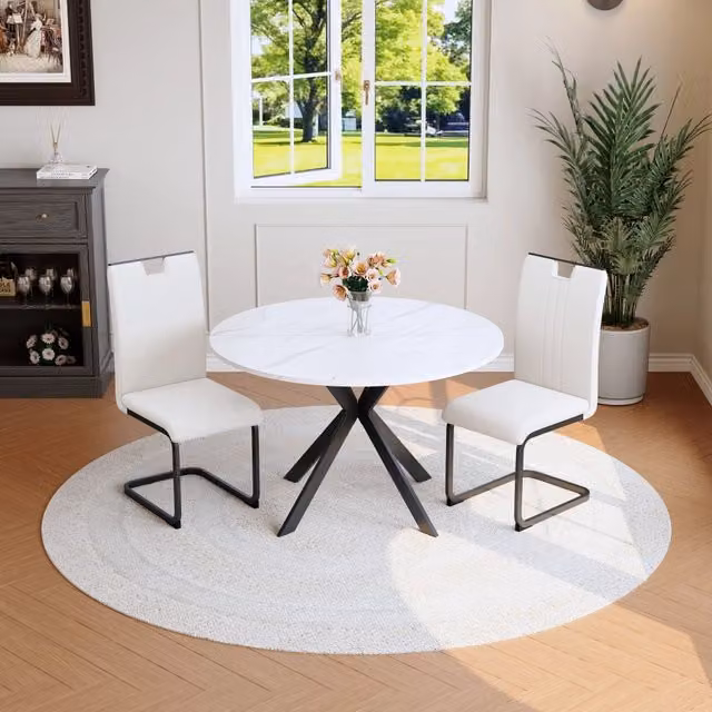 Set tavolo da pranzo e sedie con 1 tavolo rotondo e 4 sedie, base a X, in MDF metallo e PU bianco